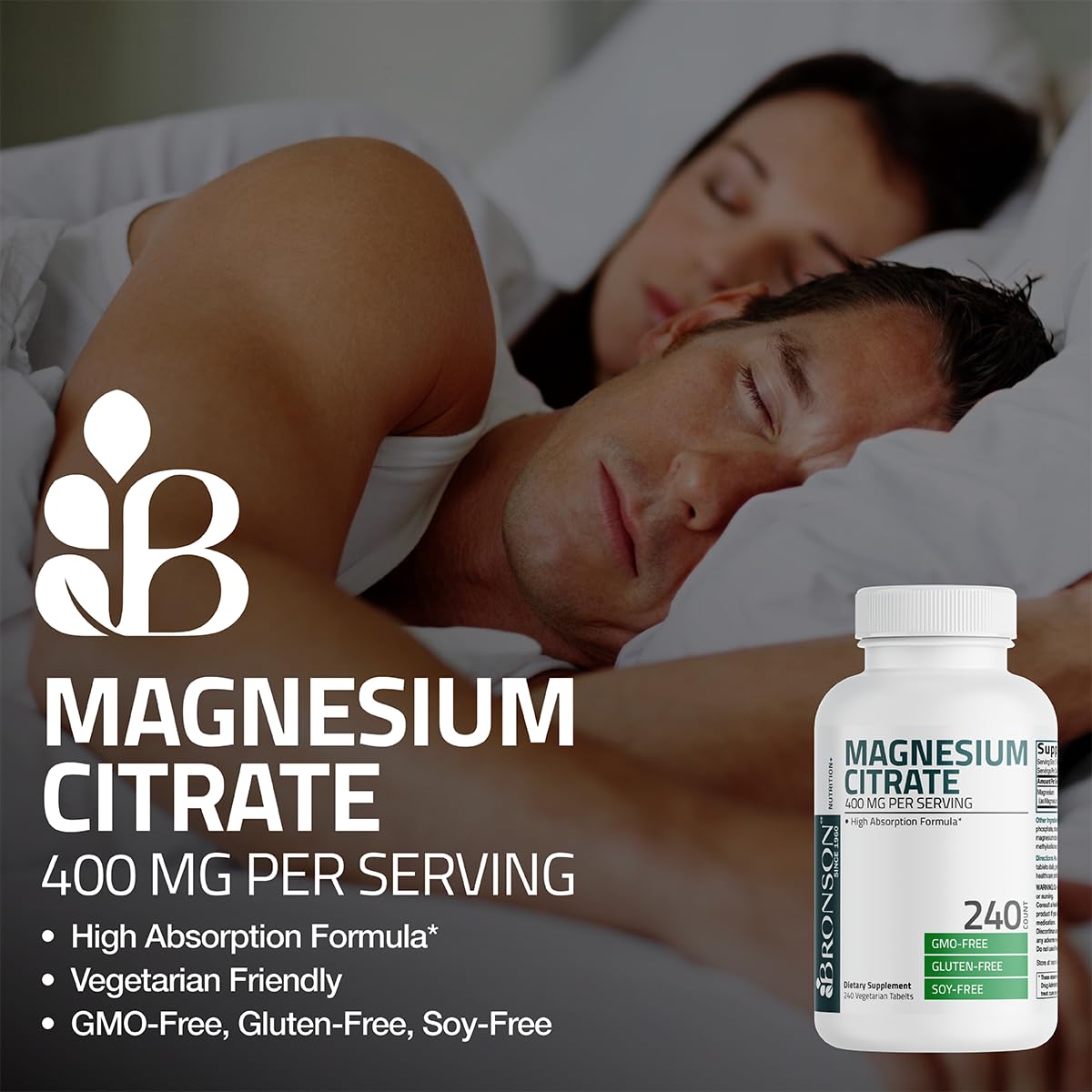 Bronson Magnesium Citrate 400mg High Absorption Formula Non-GMO Vegetarian Tablets, 120 Tablets
