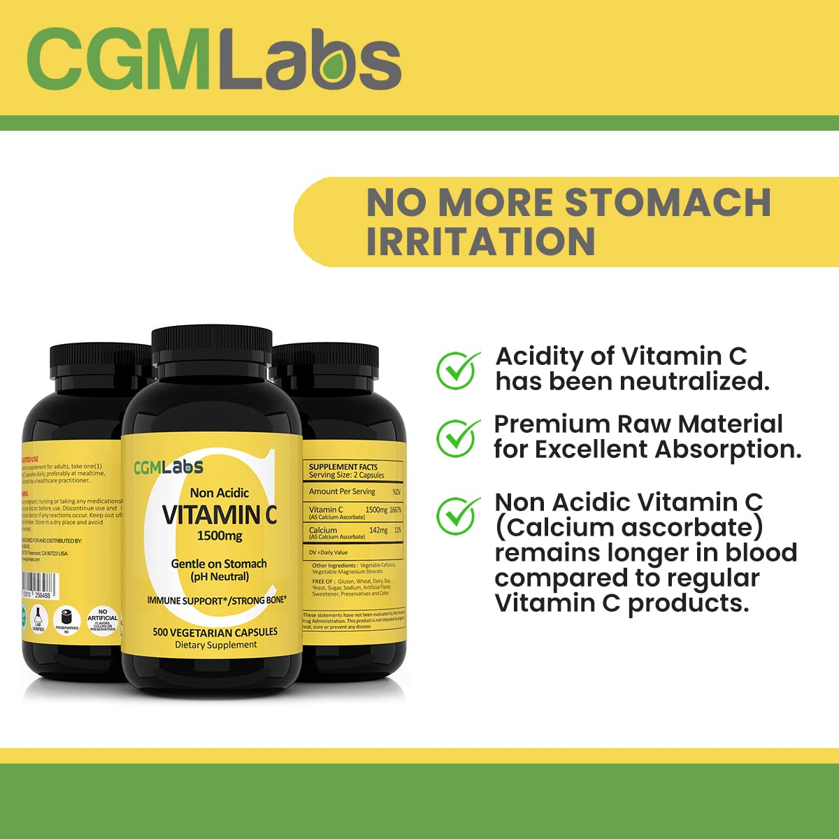 CGMLABS Non-Acidic Vitamin C 1500mg with Calcium Capsules 100