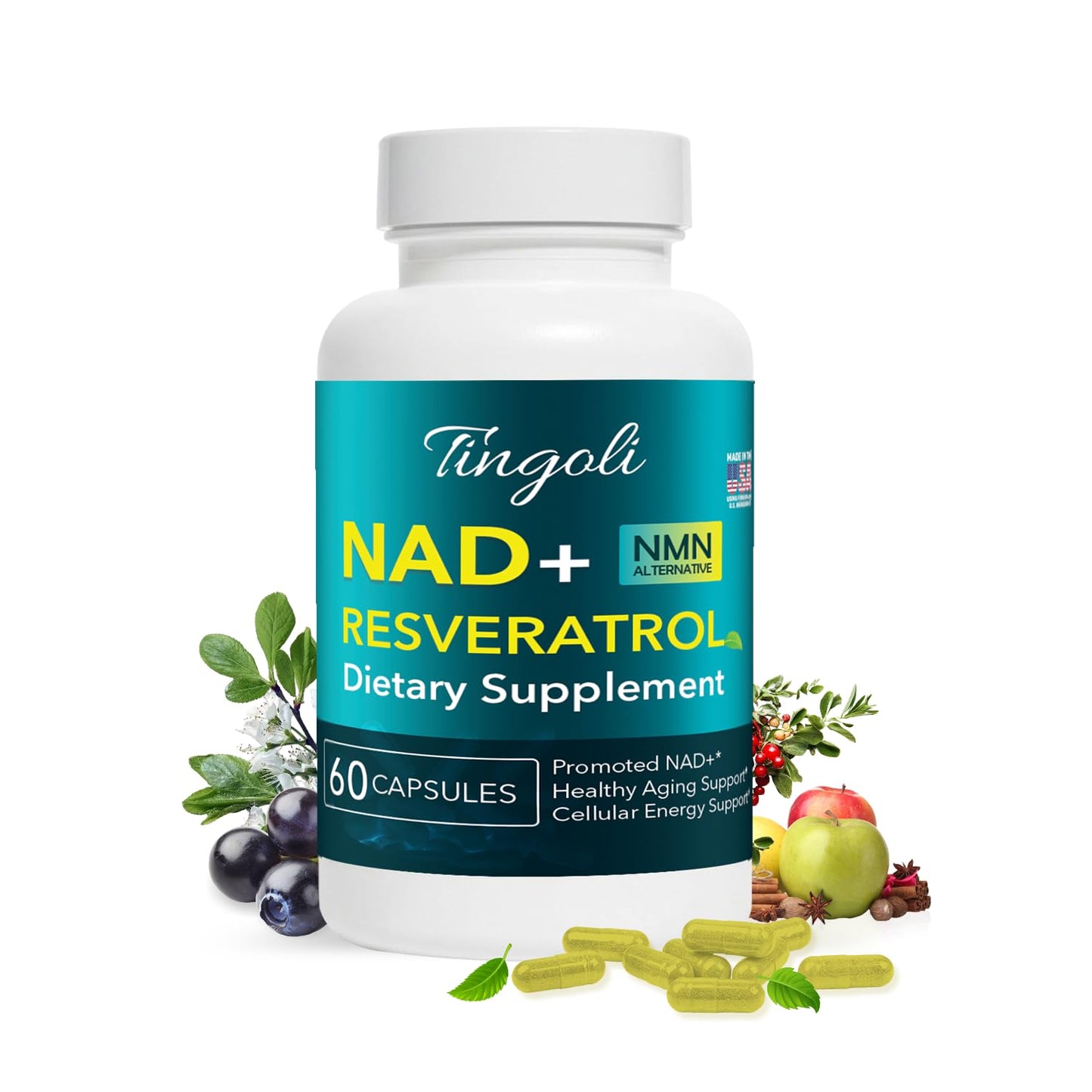 TINGOLI NAD+ Resveratrol Supplement with Quercetin – NMN Alternative for Cellular Energy Support, Focus & Healthy Aging – 500mg NAD+ Formula, 60 Capsules