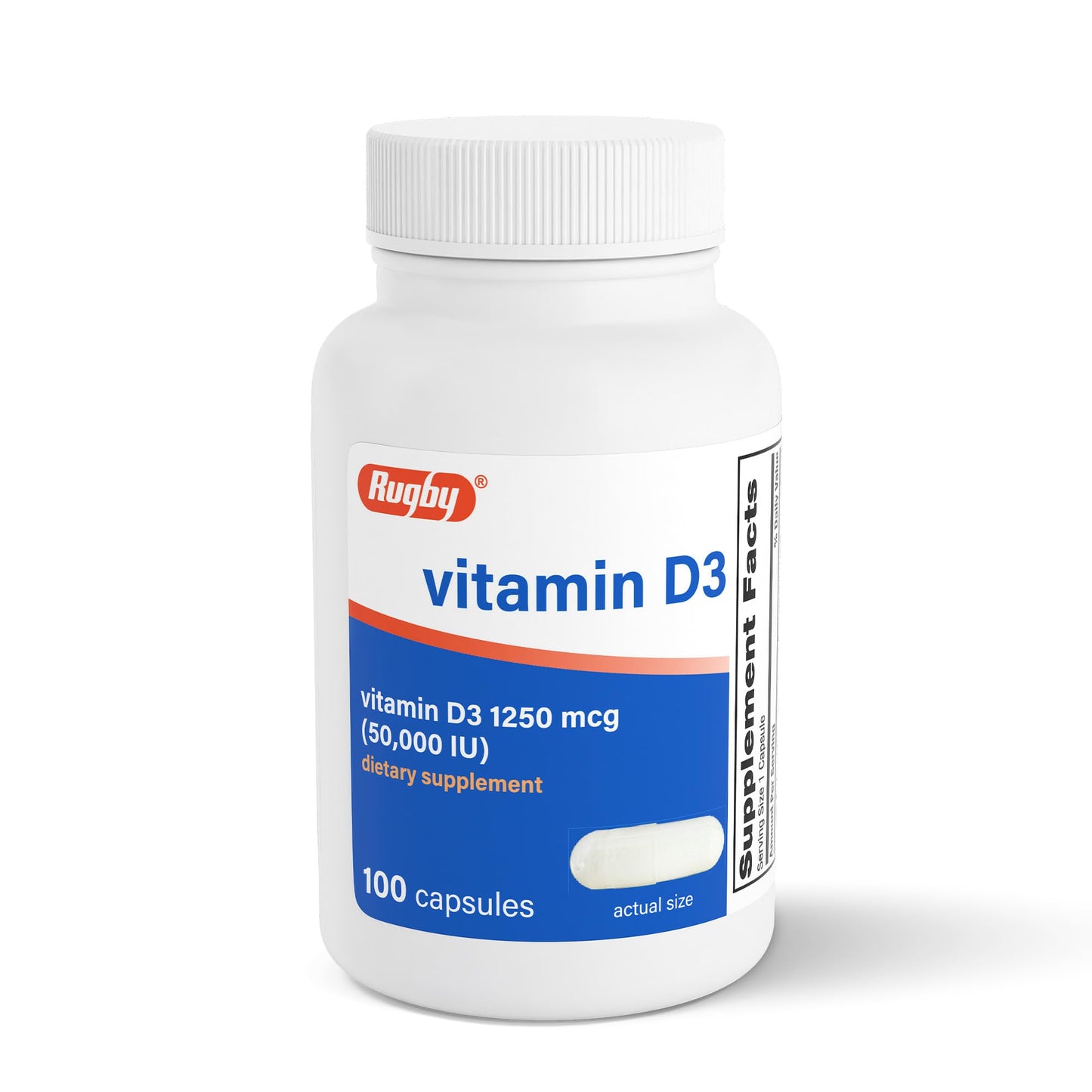Rugby Laboratories Vitamin D3 50,000 IU (1250 mcg) - High-Potency Vitamin D Supplement for Bone, Teeth, and Immune Health, 100 Capsules