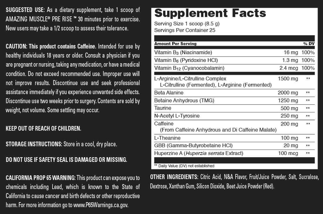 Amazing Muscle Pre Rise Pre-Workout Powder with Caffeine & Beta-Alanine for Men & Women, Cherry Ice, 25 Servings, 1 Pack