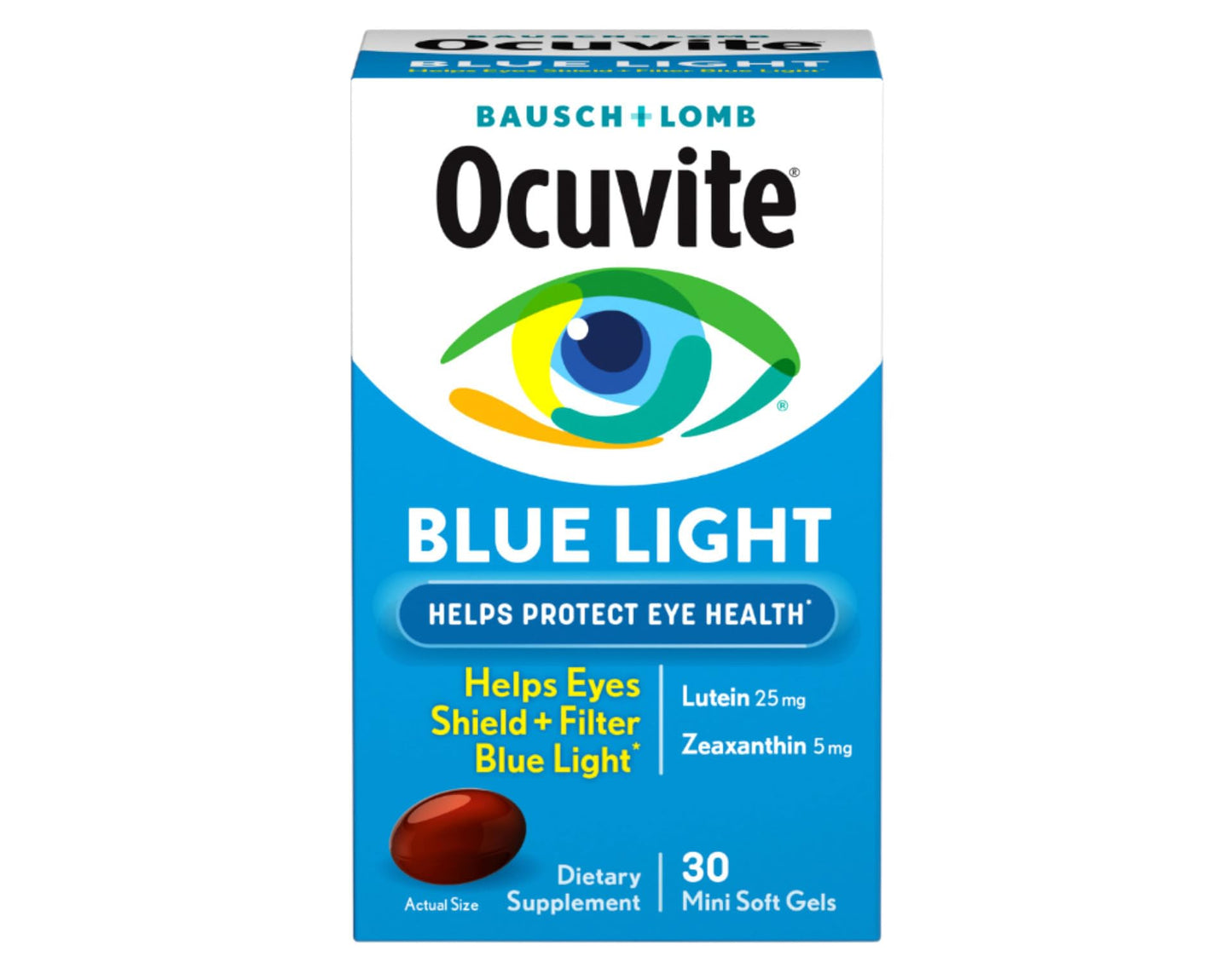 Bausch + Lomb Ocuvite Blue Light Eye Health – Mini Soft Gels with 25 mg Lutein + 5 mg Zeaxanthin, 30 Softgels