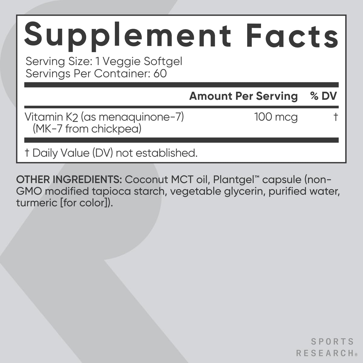 Sports Research Vitamin K2 as MK-7 100mcg with Coconut MCT Oil Veggie Softgels, 60 Count