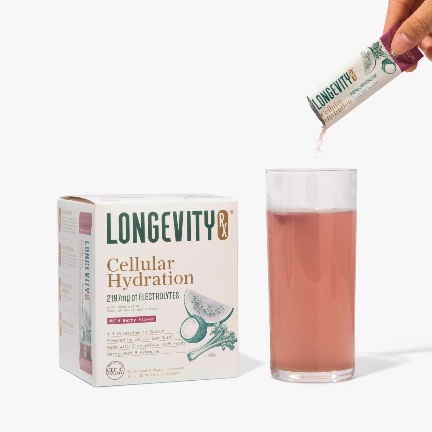 Longevity Rx Cellular Hydration Electrolyte Powder, 6.6 oz, Pink Celtic Cave Salt from Spain, 410 mg Choline, 1:1 Sodium-Potassium Ratio, 30 Servings