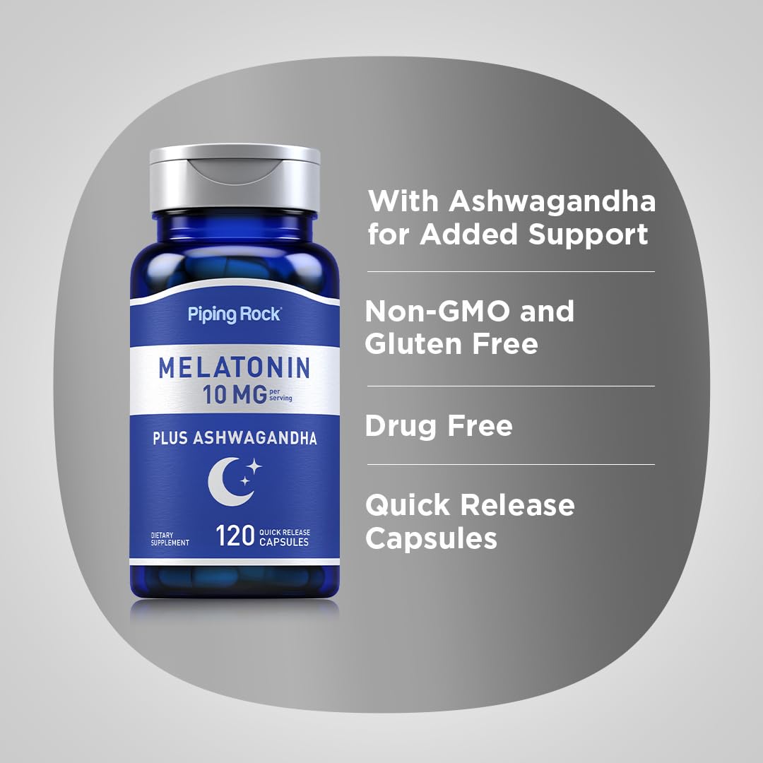 Piping Rock Melatonin 10 mg with Ashwagandha Capsules, 120 Count