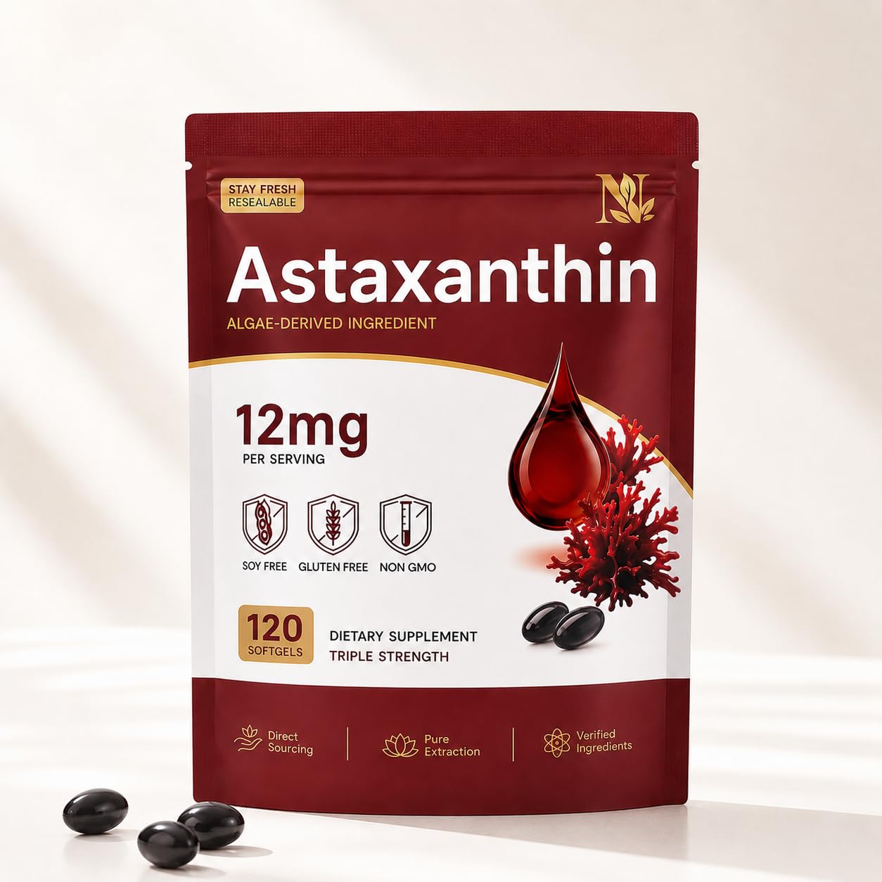 NOURIFLORIS Astaxanthin 12mg Softgels, 120 Count