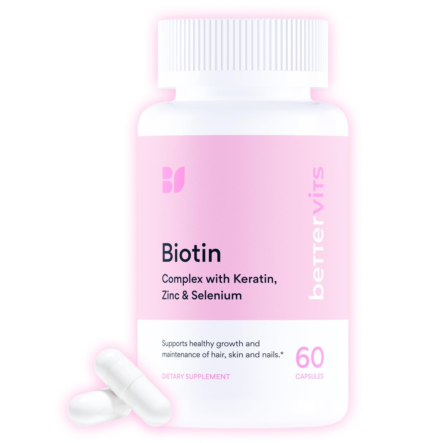 Bettervits Hair Growth Vitamins Biotin 12,000 mcg with Zinc, Copper and Selenium Complex, Keratin KeraGlo, for Women and Men, 60 Capsules