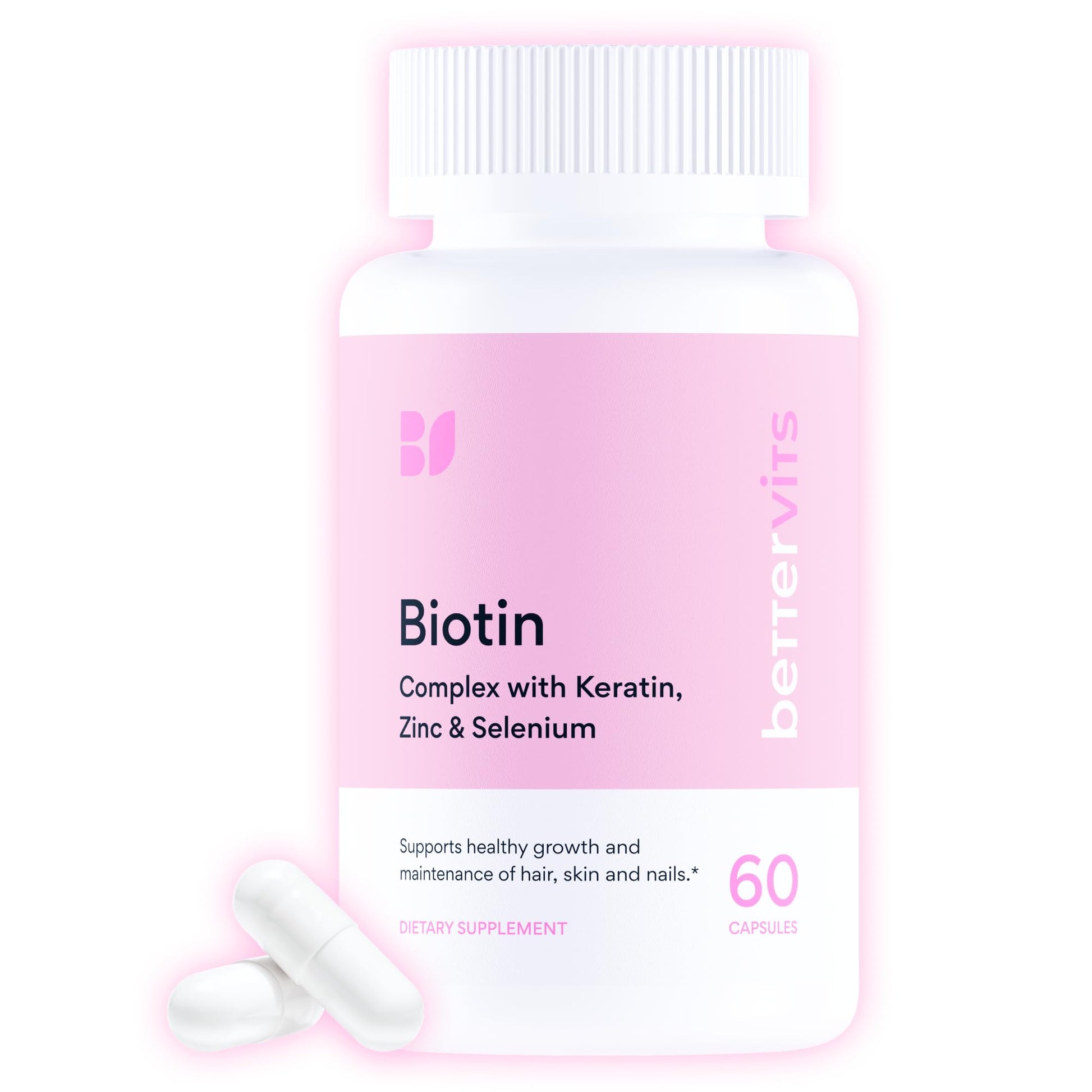 Bettervits Hair Growth Vitamins Biotin 12,000 mcg with Zinc, Copper and Selenium Complex, Keratin KeraGlo, for Women and Men, 60 Capsules