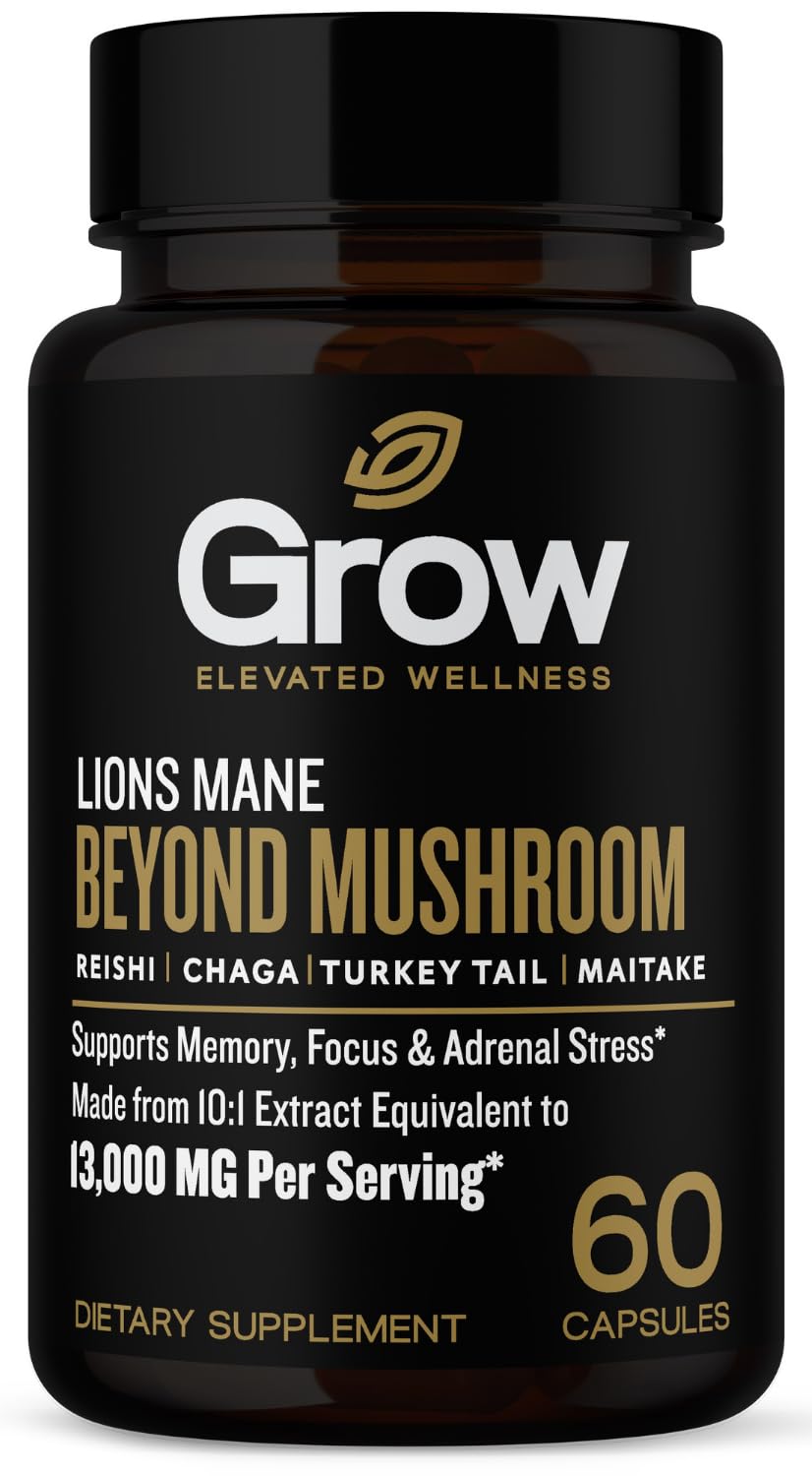 Grow Vitamin Organic Lions Mane Smart Shrooms, for Men & Women - Caffeine-Free Brain Booster, Focus Capsules for Concentration, Brain & Memory Support, 60 Capsules