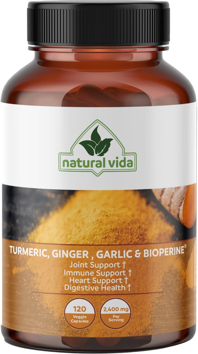 Natural Vida 4-in-1 Turmeric Garlic Ginger with Bioperine 2,400 mg Curcumin with Black Pepper 240 Capsules