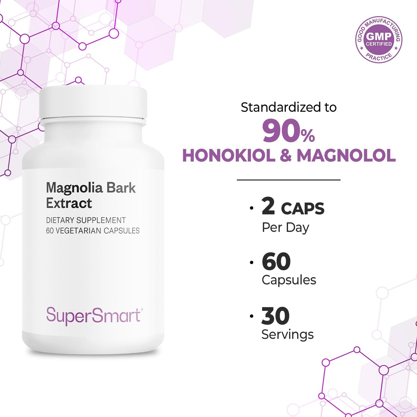 Supersmart Magnolia Bark Extract (Max Strength) 300mg per Day, 60 Vegetarian Capsules