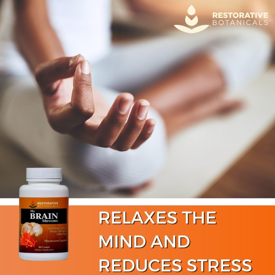 Restorative Botanicals My Brain Shrooms Lion's Mane, Cordyceps, Ashwagandha, Bacopa, Black Pepper Capsules, 60 Count