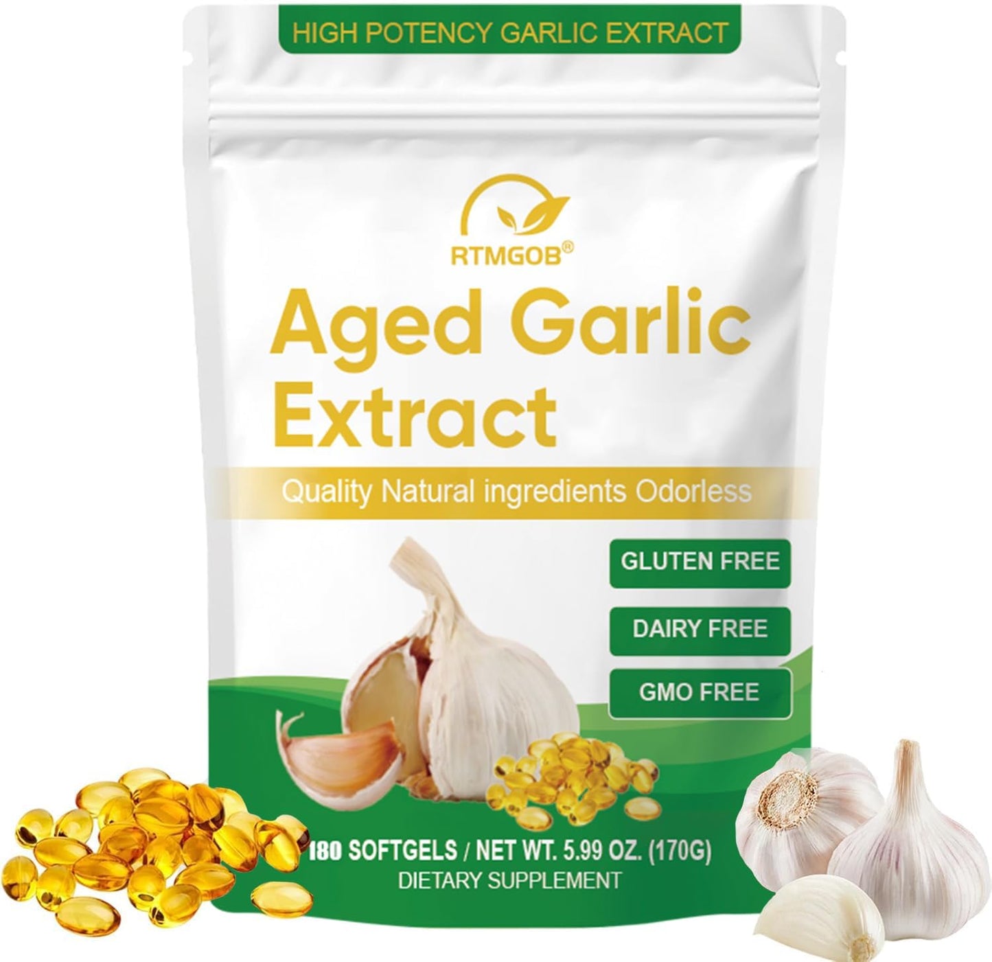 RTMGOB Organic Aged Garlic Extract Supplements 180 Softgels