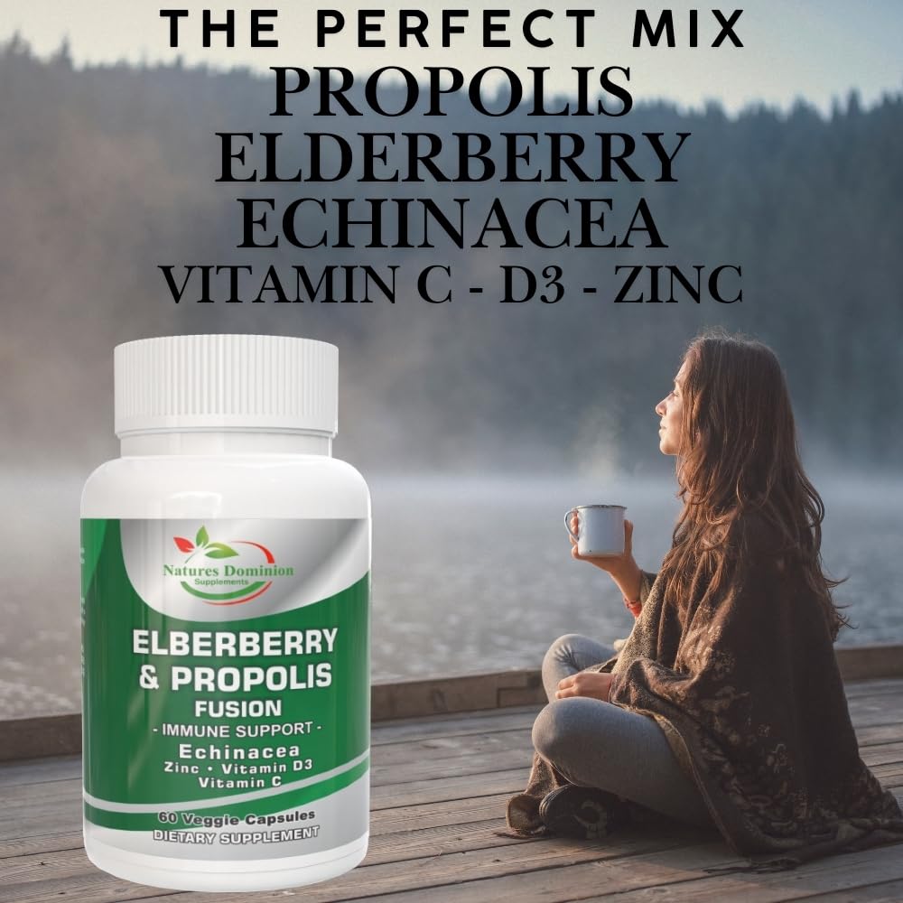 Natures Dominion Supplements Propolis Organic Elderberry Extract with Echinacea, Vitamin D3, Vitamin C and Zinc Capsule 60 Count