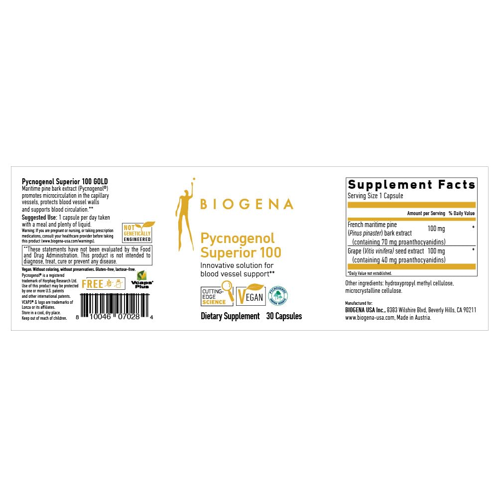 BIOGENA Pycnogenol 100 mg Gold with Premium Patented French Maritime Pine Bark Extract (Pinus Pinaster) Capsules, 30 Count