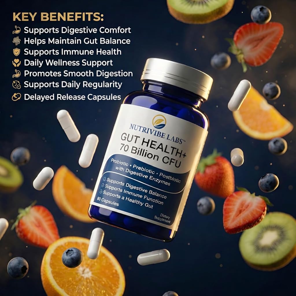 NUTRIVIBE LABS 6-in-1 Gut Health 70 Billion CFU Probiotics, Prebiotics, Postbiotics with Enzymes & L-Glutamine, Supports Digestive & Immune Health, Occasional Gas & Bloating, 60 Capsules