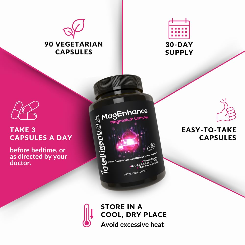Intelligent Labs MagEnhance Magtein Magnesium Complex Supplement L-Threonate with Magnesium Glycinate and Taurate Capsules, 90 Count