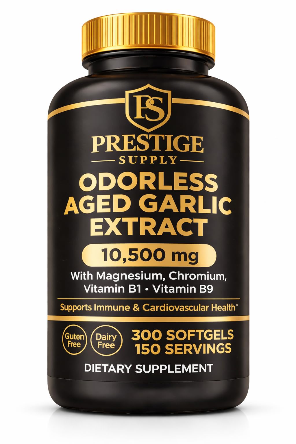 Prestige Supply Aged Garlic Extract Odorless Garlic Supplements with Magnesium, Chromium, B1 & B9 Softgels 300 Count
