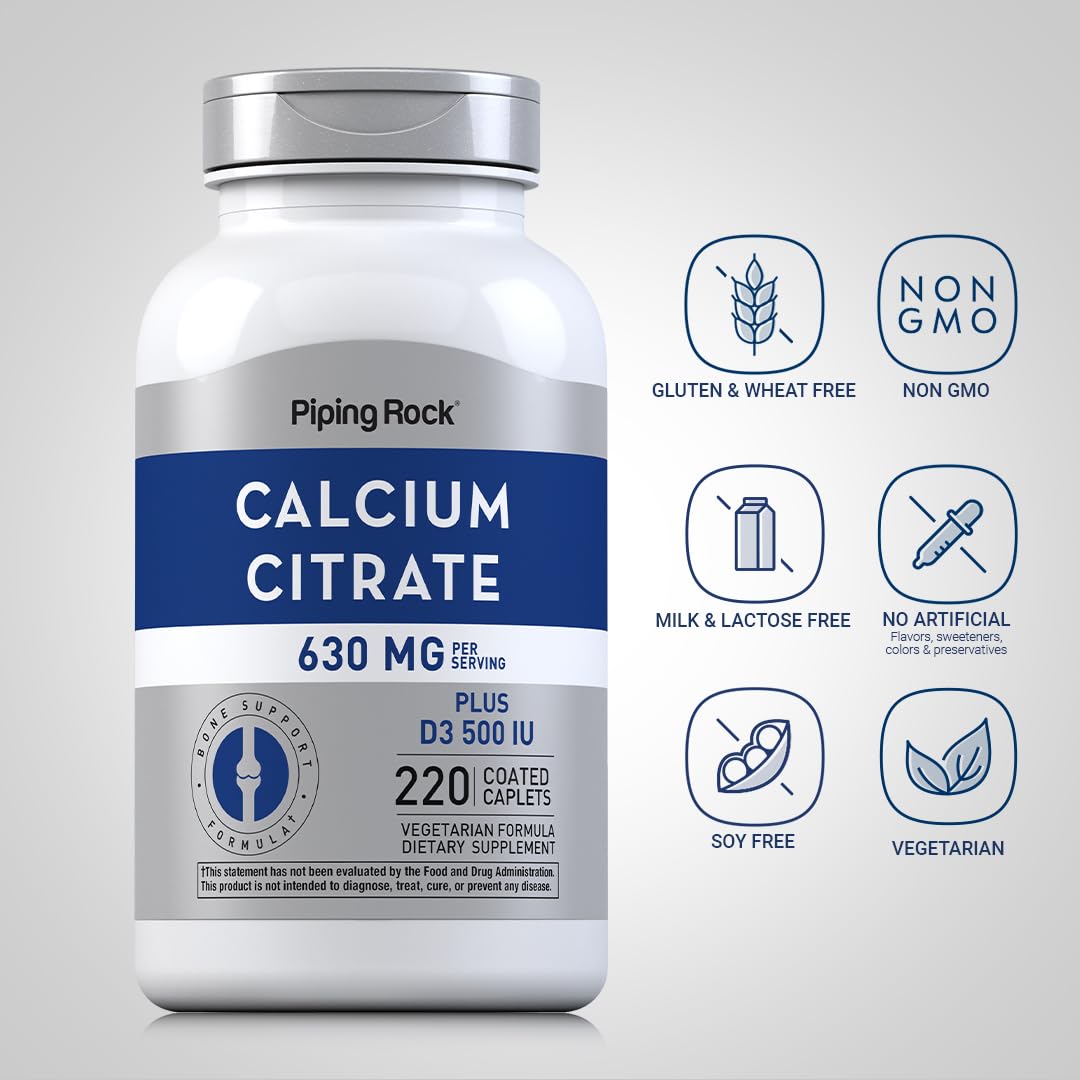 Piping Rock Calcium Citrate with Vitamin D3 630 mg Caplets, 220 Count