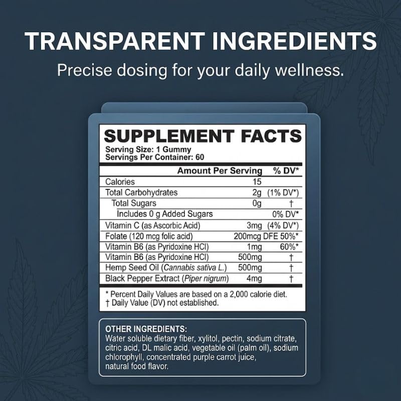 SIAUWE Hemp Gummies with Hemp Seed Oil, Vitamin C B6 & Folate, Gummy, 60 Count