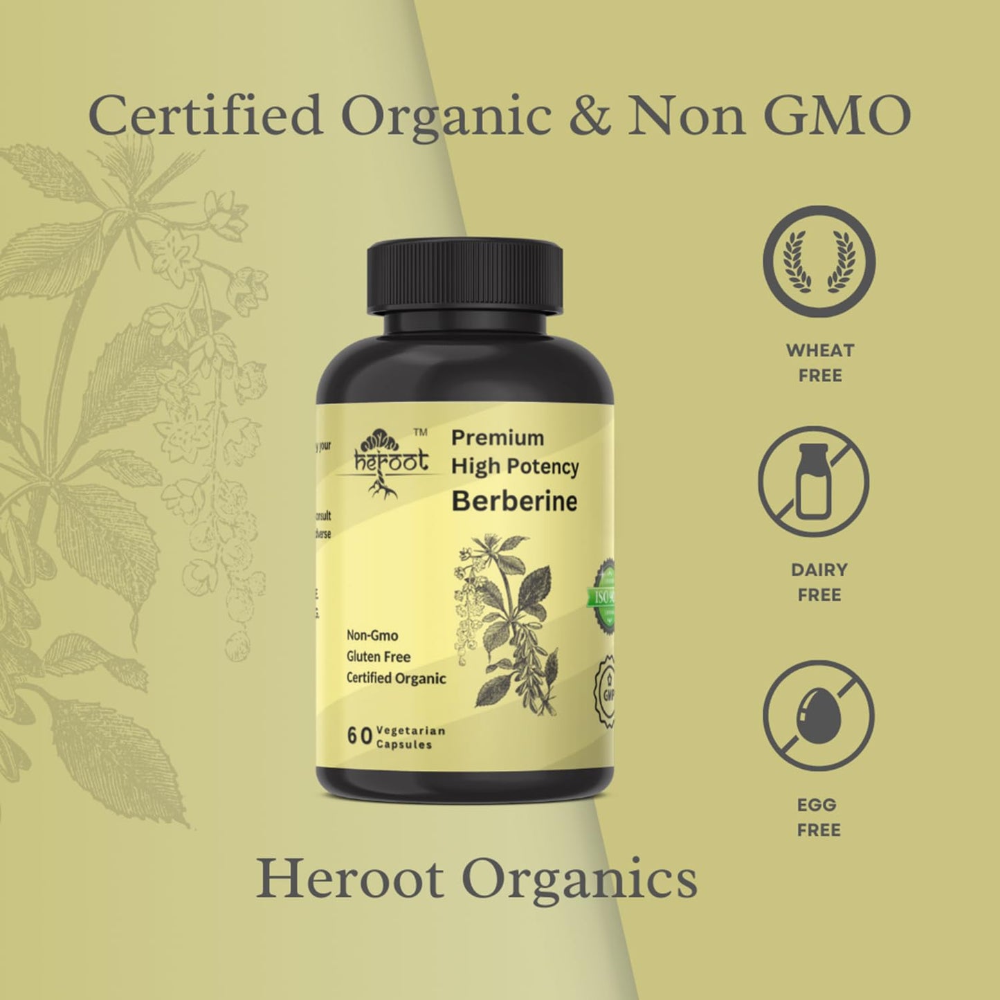 Heroot Organic Berberine HCL Extract 500mg Premium Strength Berberine Supplement Capsules, 60 Count