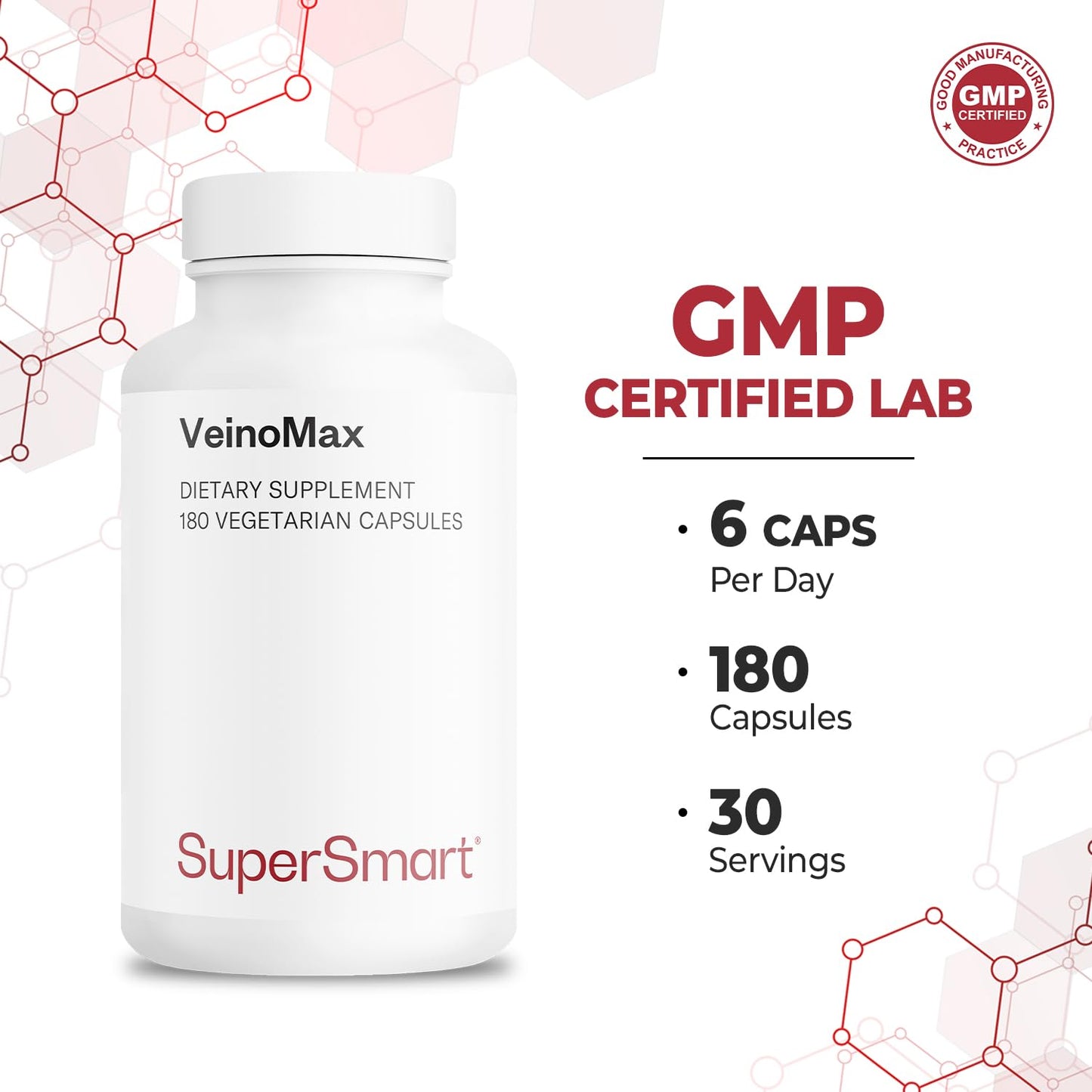 Supersmart VeinoMax (Advanced Complex) with Diosmin, Hesperidin, Horse Chestnut, Vitexin Veins Supplement Capsules 180 Count