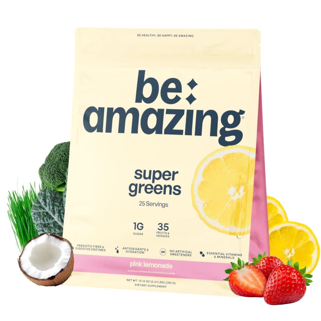 BE AMAZING Super Greens Powder with Prebiotics, Digestive Enzymes & Antioxidants, 35 Fruits & Veggies, Electrolytes & Fiber, Vegan, Gluten Free Juice & Smoothie Mix, Pink Lemonade 10