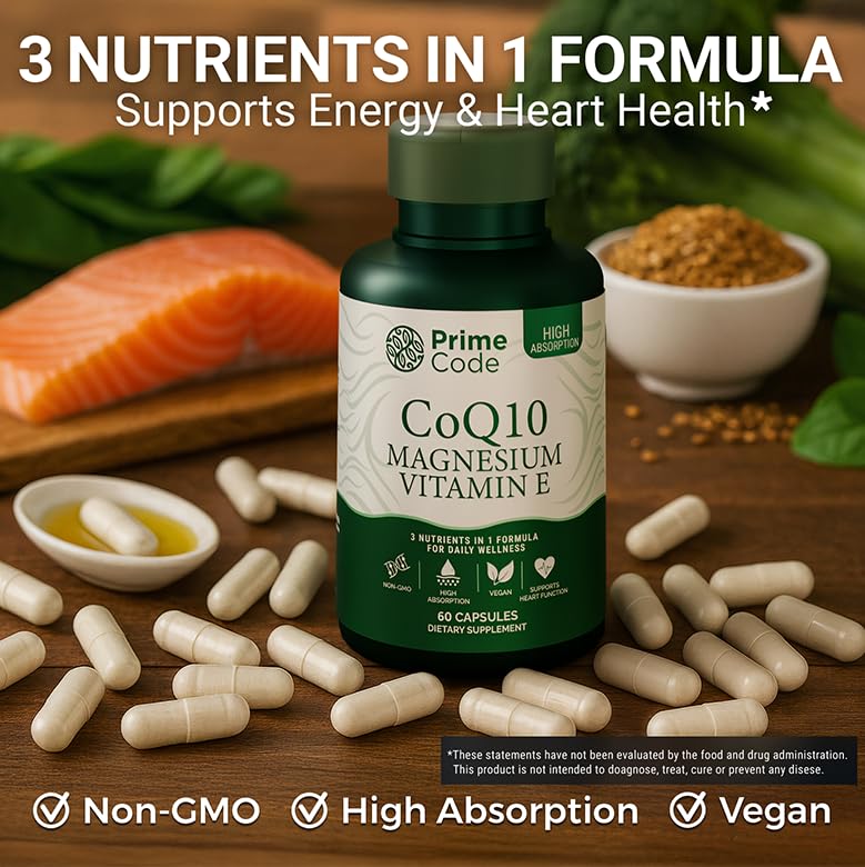 Prime Code CoQ10 250mg with Magnesium Glycinate and Vitamin E Capsules, 60 Count