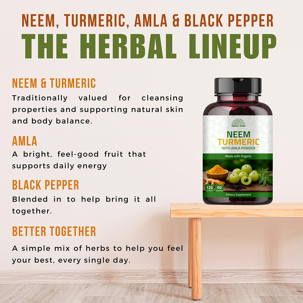 Hebhac Herbs Neem Turmeric Capsules with Amla and Black Pepper 120 Capsules