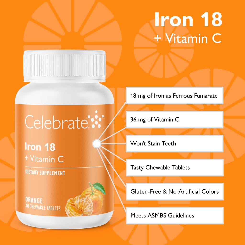 Celebrate Bariatric Supplements Iron+C 18mg Chewable Tangerine Tablet, 30 Count