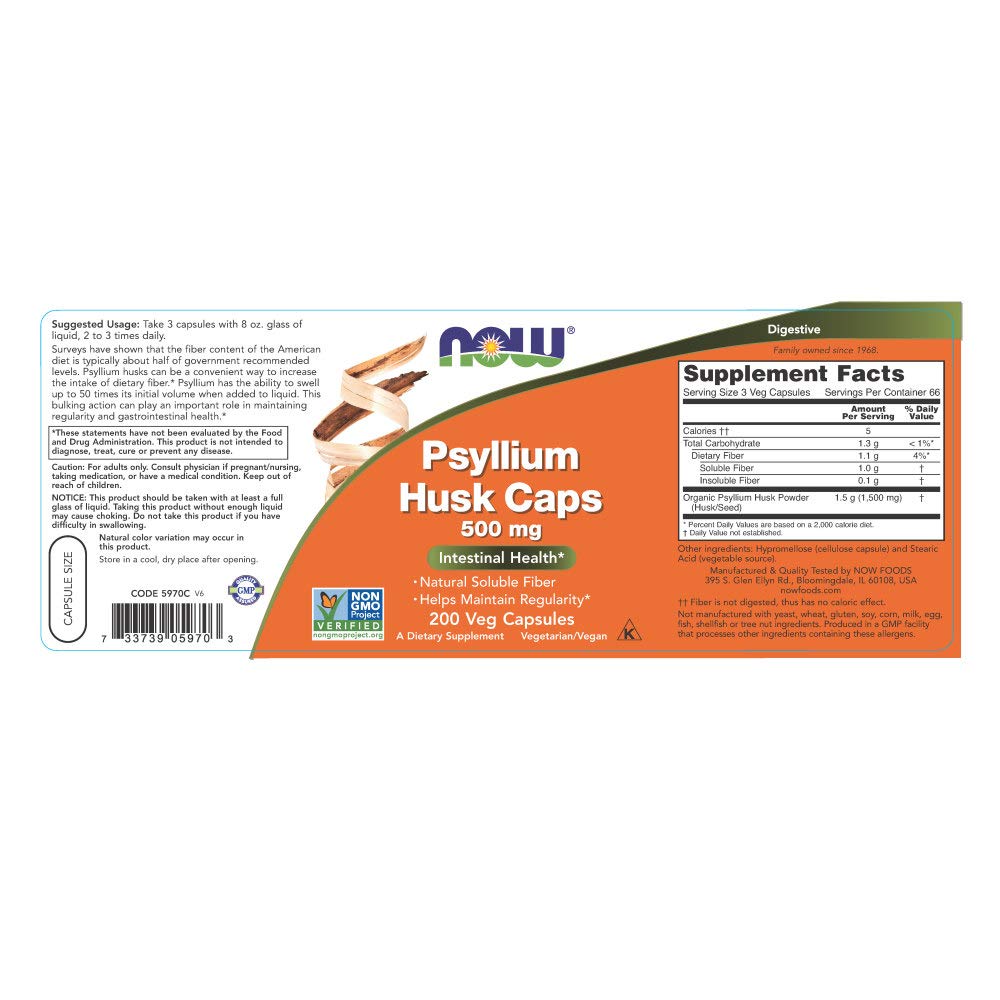NOW Foods Psyllium Husk 500mg Capsules, 600 Capsules