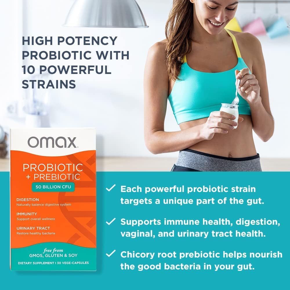 Omax3 Probiotic & Prebiotic 50B CFU for Gut Health & Digestive Support, 90 Capsules