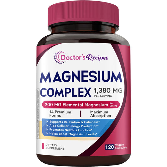 Doctor's Recipes Magnesium Complex 200 mg Elemental Magnesium, 14-in-1, Fully Chelated for Optimal Absorption, Relaxation, Calmness & Cellular Energy, Non-GMO, Vegan, 120 Capsules
