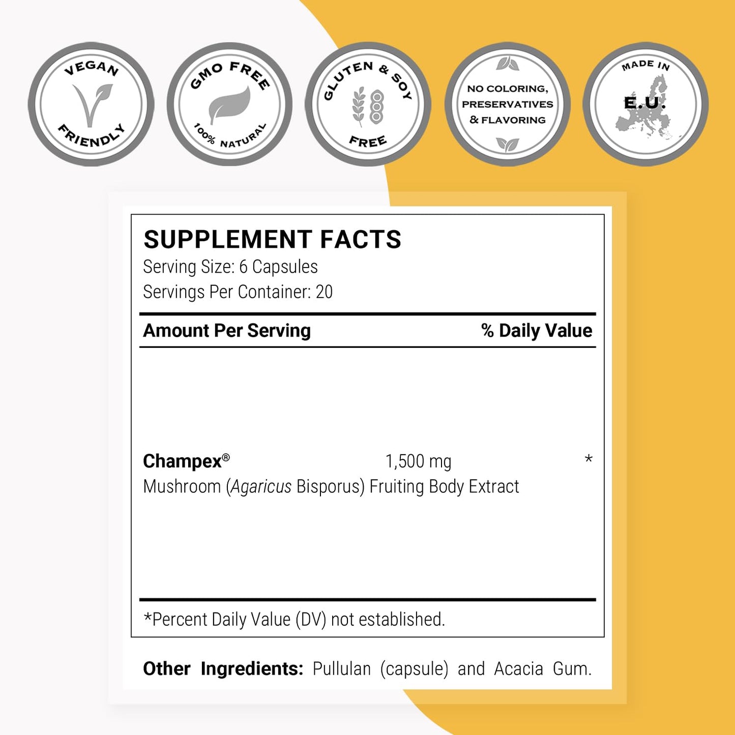 Supersmart Champex Mushroom (Agaricus Bisporus Extract) 1500 mg per Day Vegetarian Capsules, 120 Count