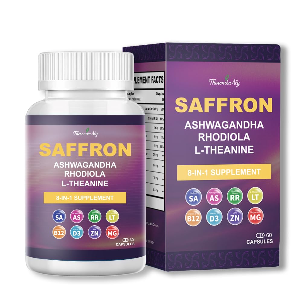 Theronika Aly Saffron Supplements with Ashwagandha, Rhodiola, Magnesium, L-Theanine, Zinc & B12, 88.5 mg Pure Saffron Extract Capsules, 60 Capsules