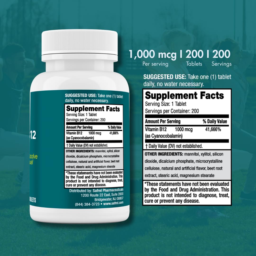 Safrel Vitamin B12 1000 mcg Tablets, 200 Count