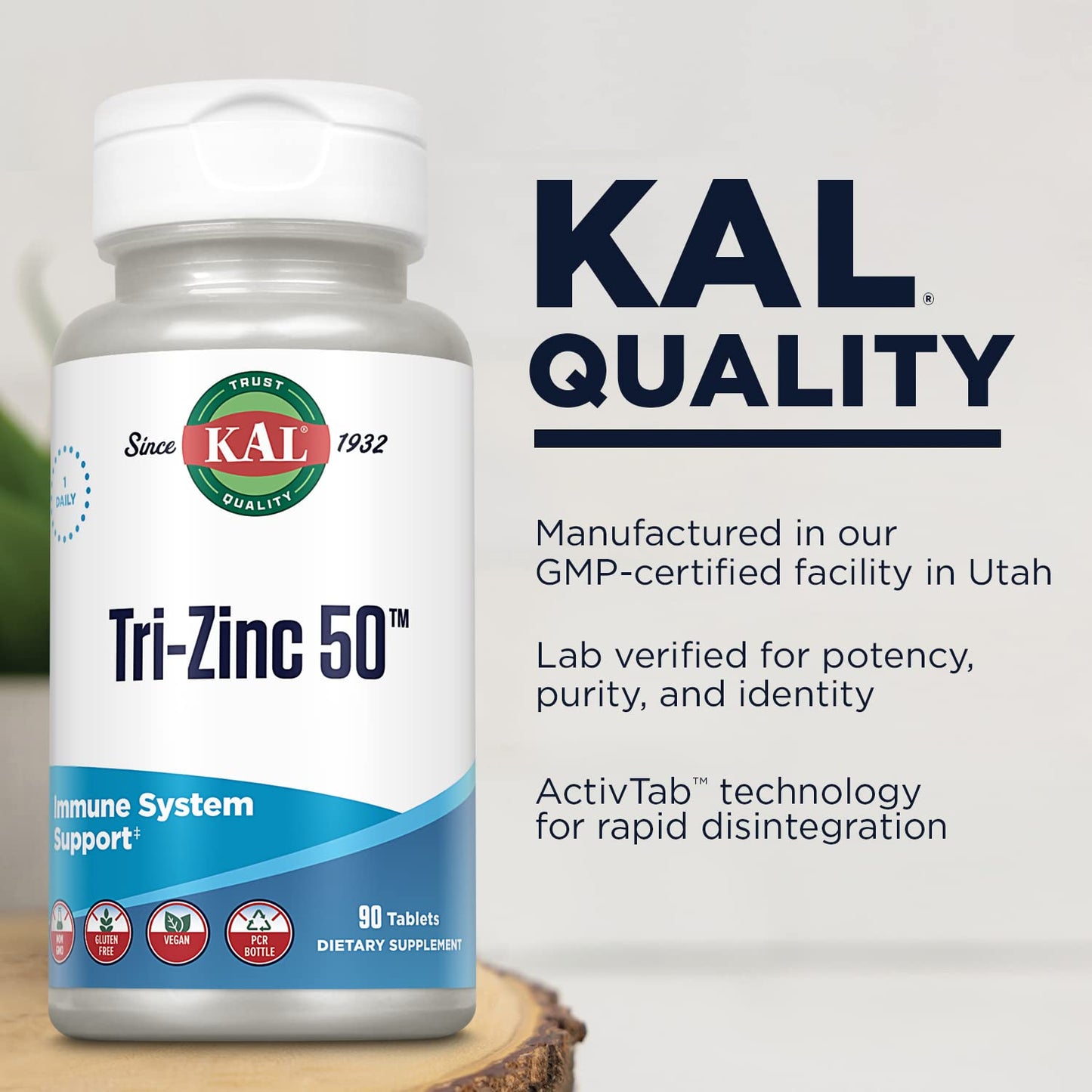 KAL Tri Zinc Supplement 50 mg for Men & Women - Zinc Citrate, Amino Acid Chelate, & Picolinate, 90 Tablets