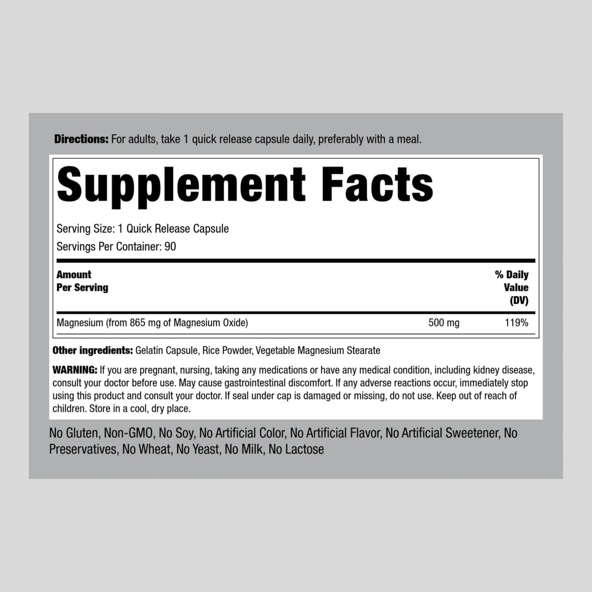 Piping Rock Magnesium Oxide 500mg Capsule 90 Count