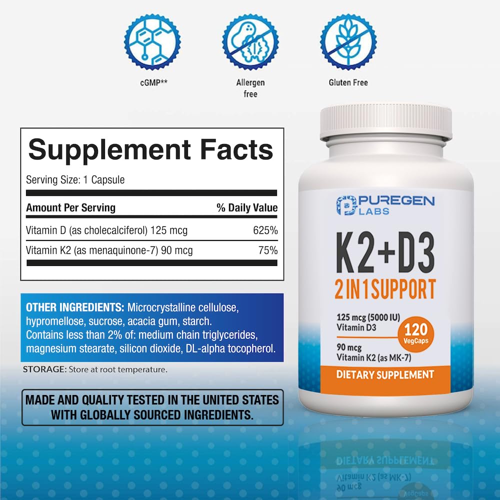 P Puregen Labs Vitamin D3 & K2 (MK-7) Capsule, 90mcg K2 and 5000 IU D3, Non-GMO, 120 Capsules