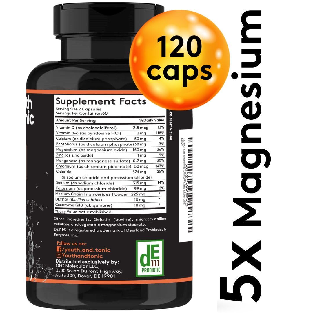 Youth & Tonic Keto Electrolyte Capsules with MCT, Magnesium, Potassium & Zinc – Probiotics, CoQ10 & Vitamin D3 for Hydration, Energy, Fasting Support, Low Carb & Carnivore Diets, 120 Capsules