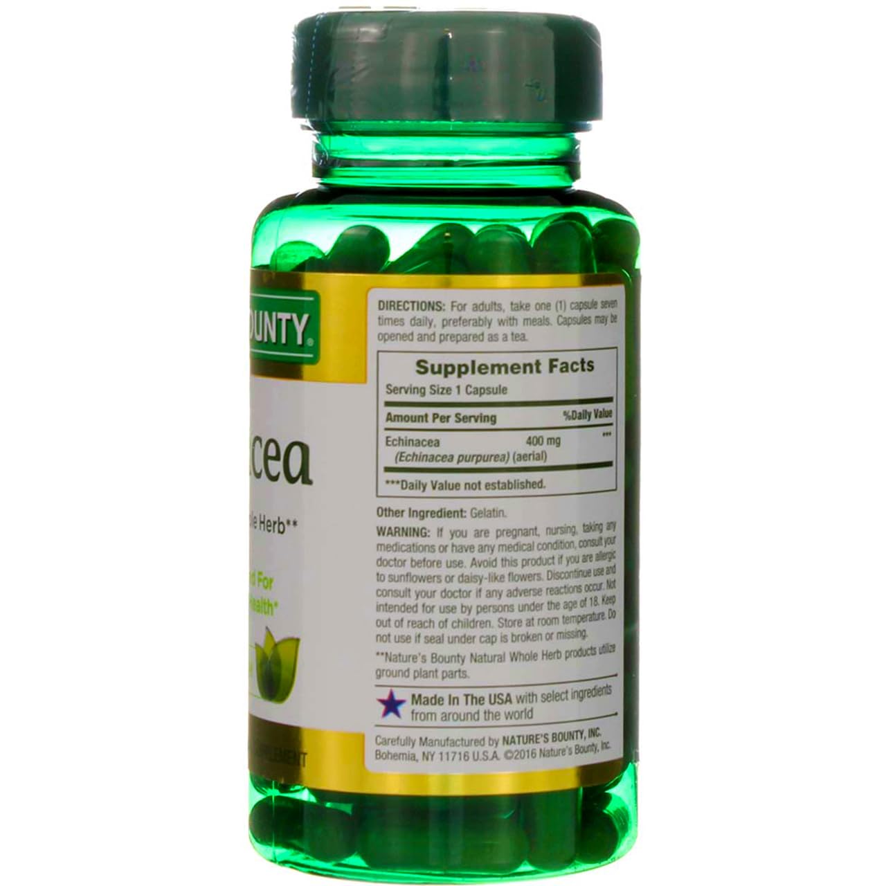 Nature's Bounty Natural Whole Herb Echinacea 400mg Capsules, 200 Count