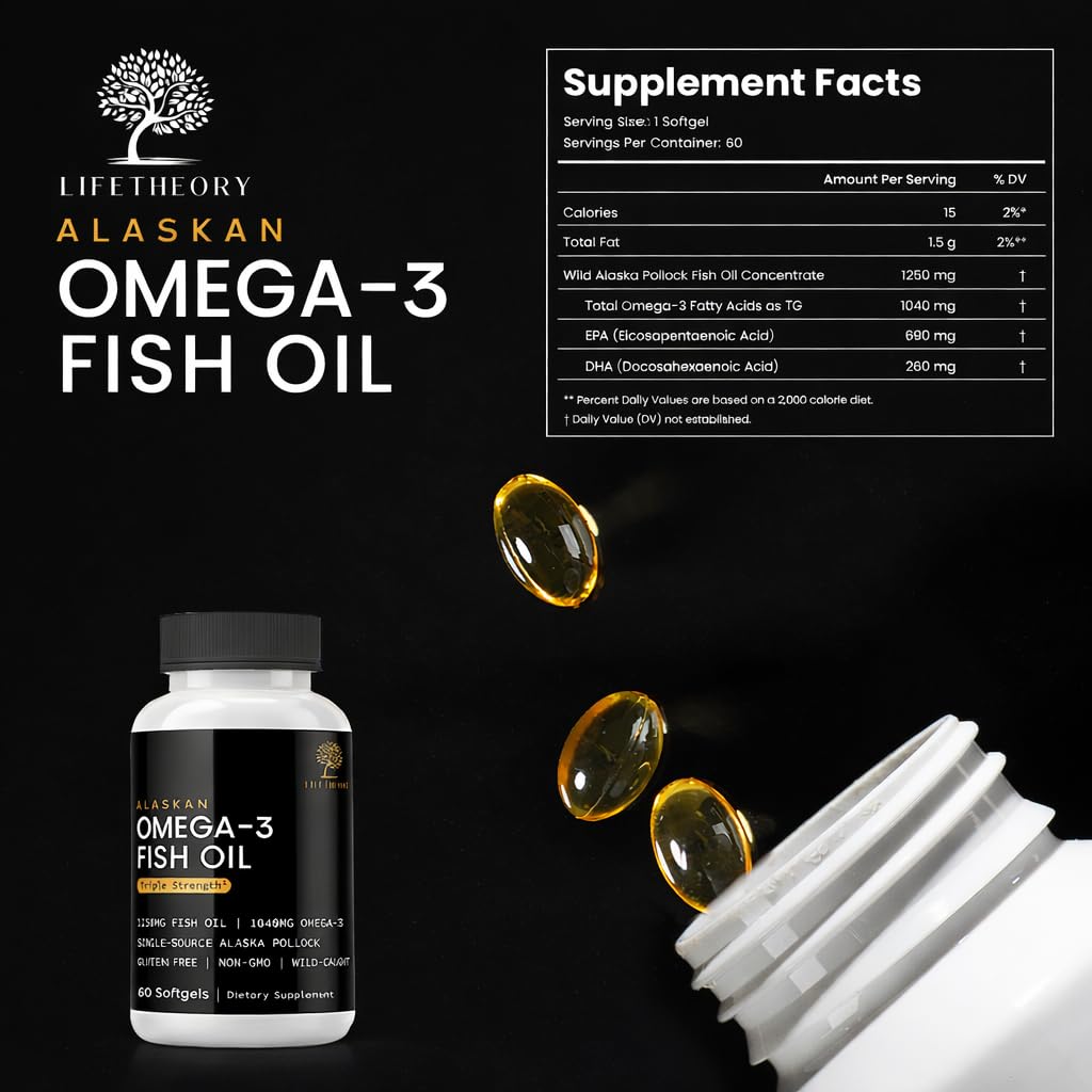 LIFETHEORY Alaskan Omega-3 Fish Oil 1250mg, 1040mg Omega-3 (EPA & DHA), Wild Alaska Pollock, Triglyceride Form Softgels 60