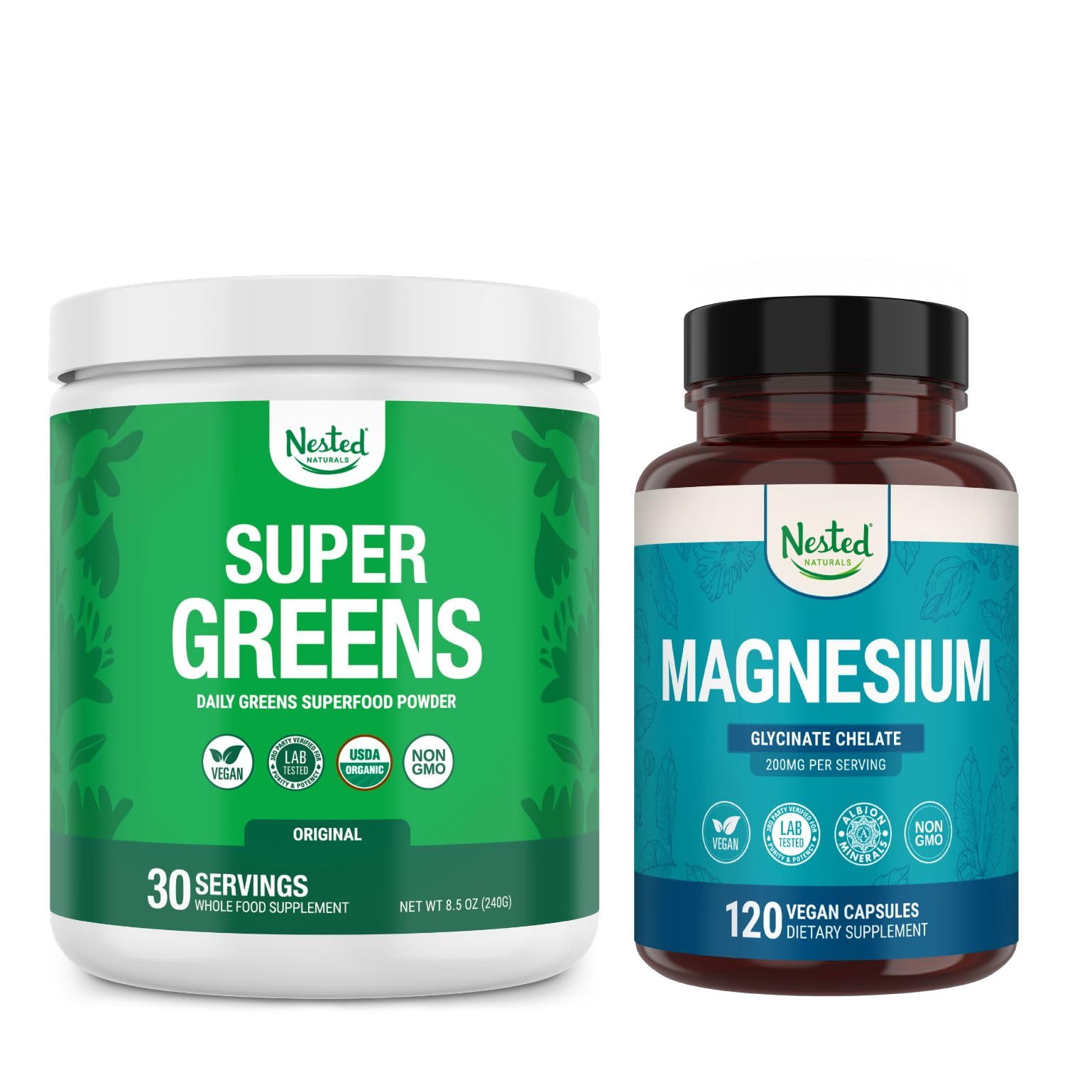 Nested Naturals Super Greens Daily Superfood Powder (Powder, 30 Servings) & Magnesium Glycinate Chelate (Capsules, 120)