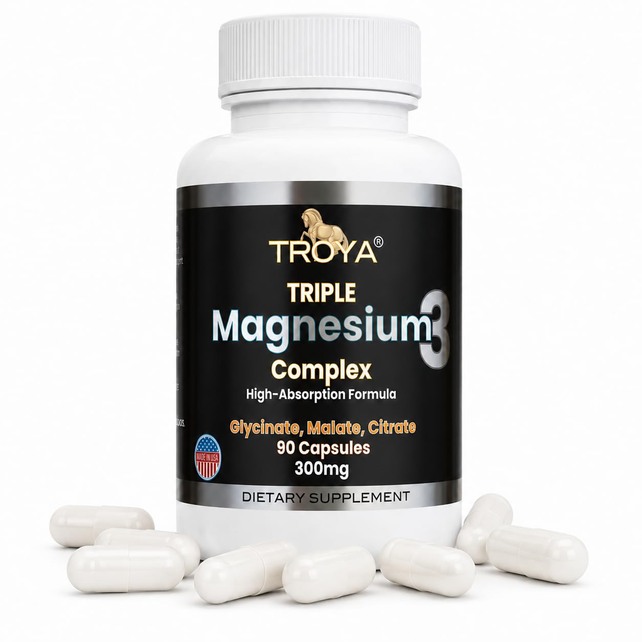 TROYA Triple Complex Magnesium Fast-Acting Magnesium Complex with Glycinate, Citrate & Malate for Relaxation, Sleep & Well-Being – Natural Formula, Non-GMO Capsules, 90 Count
