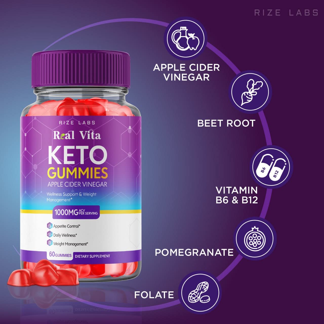 Rize Labs Real Vita Keto ACV Gummies for Weight Loss Management Support, Apple Cider Vinegar Gummies, 120 Gummies