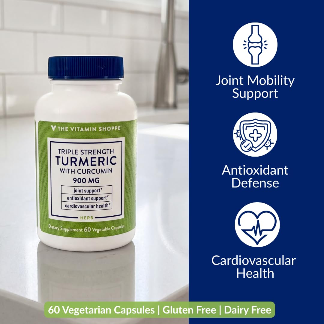 The Vitamin Shoppe Triple Strength Turmeric Supplement with Curcumin 900mg & BioPerine, Black Pepper Extract for Joint Mobility & Antioxidant Support 60 Capsules