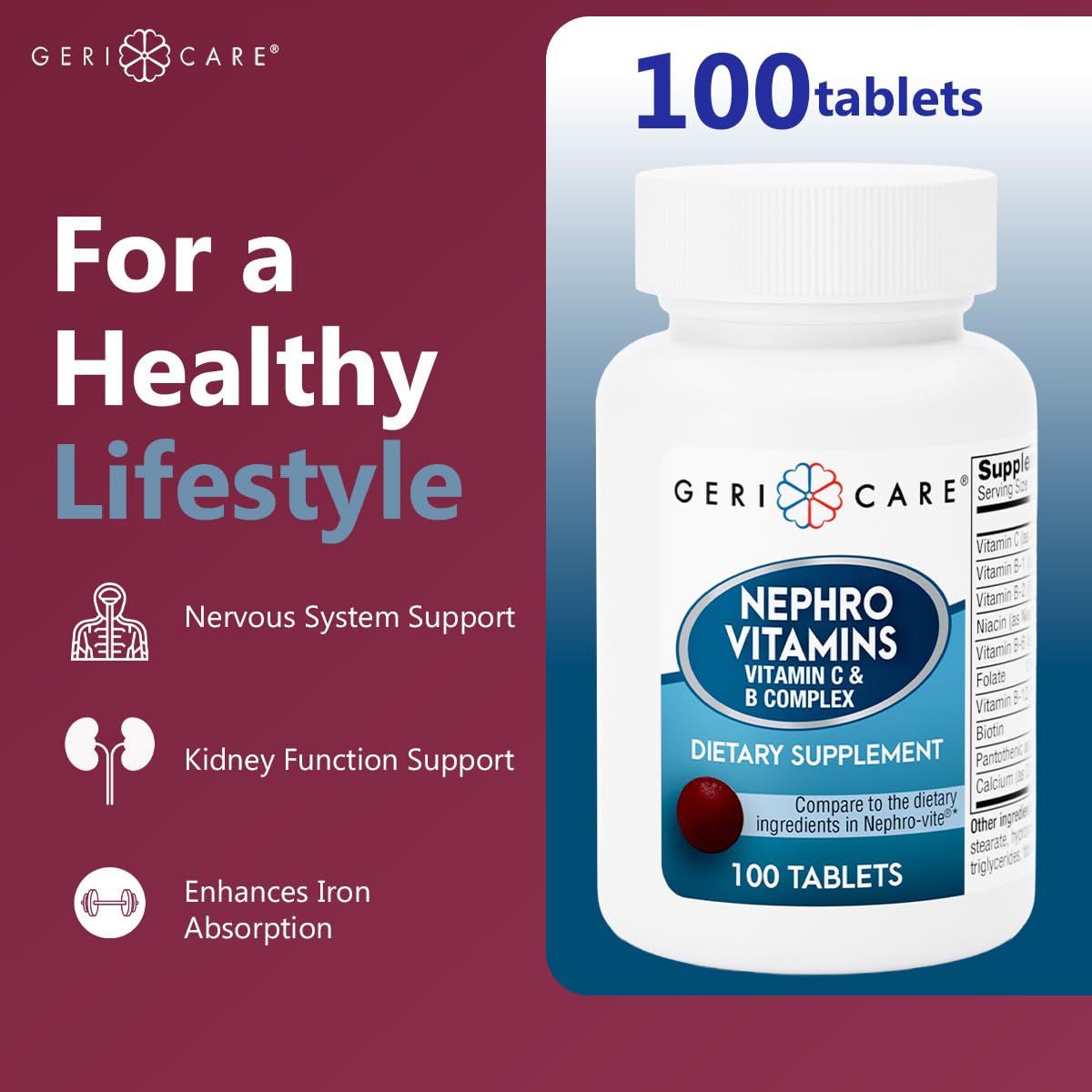 GeriCare Nephro Vitamin C & B Complex Tablets, 100 Count