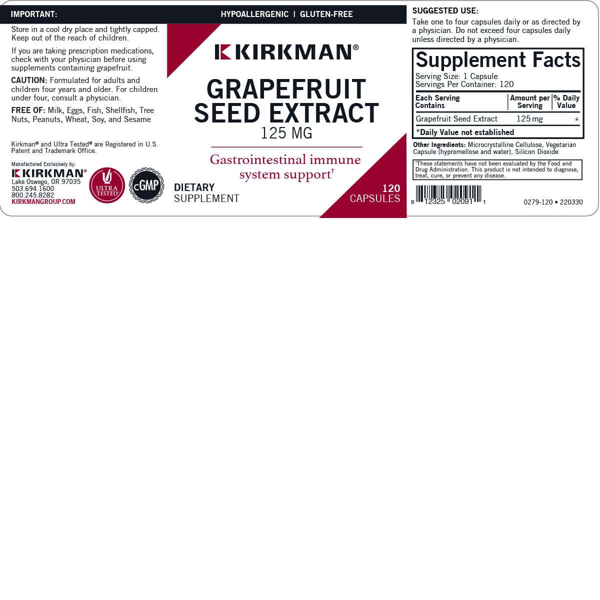 Kirkman Grapefruit Seed Extract 125 mg Capsules, 120 Count