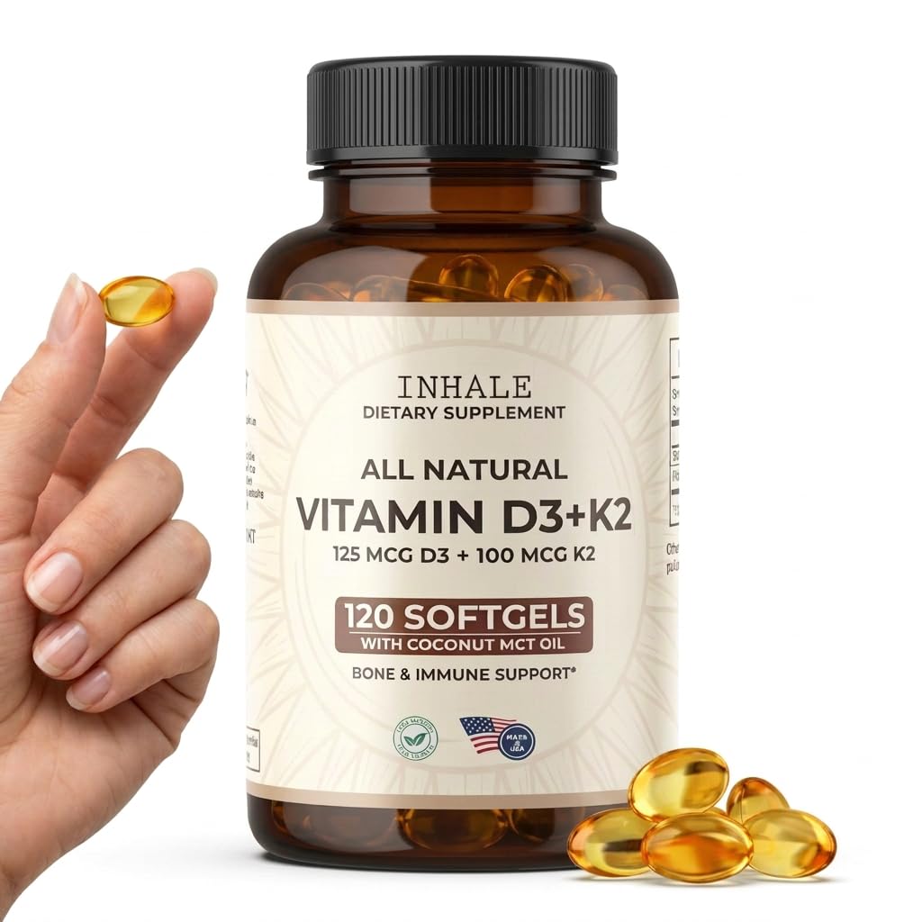 Inhale Vitamin D3 + K2 with Coconut Oil – 5000 IU D3 & 100 mcg MK7 K2 for Bone, Heart & Immune Support Softgels 120