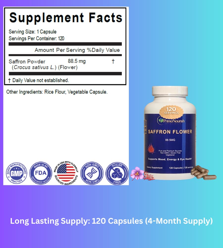 PrimoNourish Premium Saffron Extract Supplement Capsules 120 Capsules